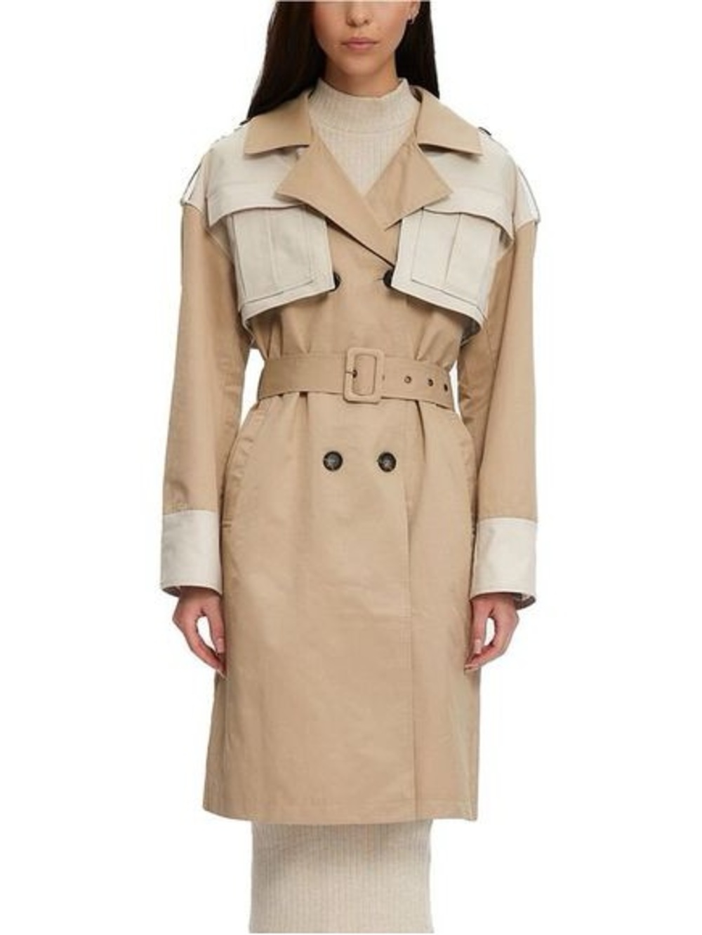 Contrast-Panel Beige Trench Coat with Belt